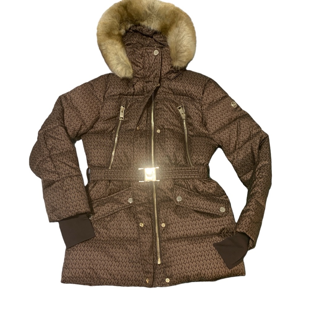 Michael Kors Faux Fur Trim Logo Print Puffer Coat